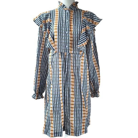 Samsoe Samsoe Martha Short Dress Organic Cotton Plaid Ruffle Long Sleeve Size XS - Picture 2 of 14